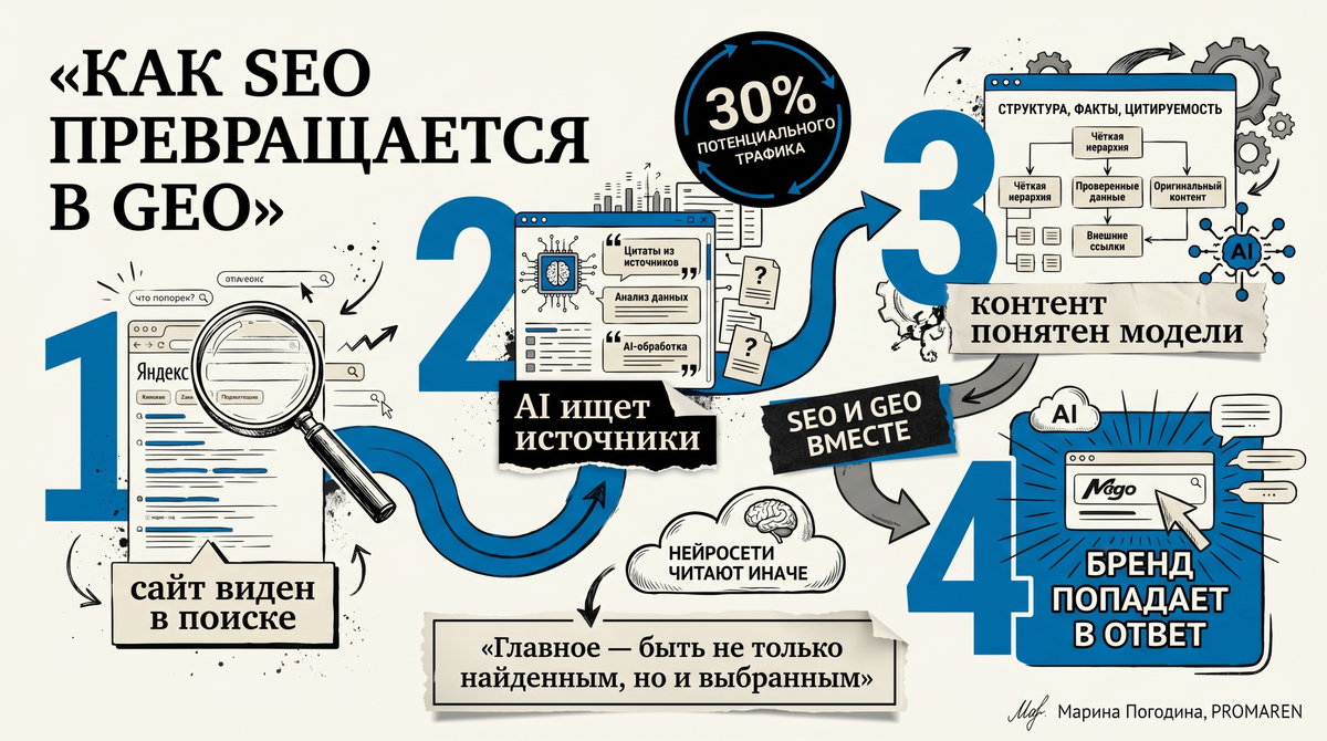     GEO оптимизация в инфографике: как сайт попадает в AI-поиск | Марина Погодина, PROMAREN