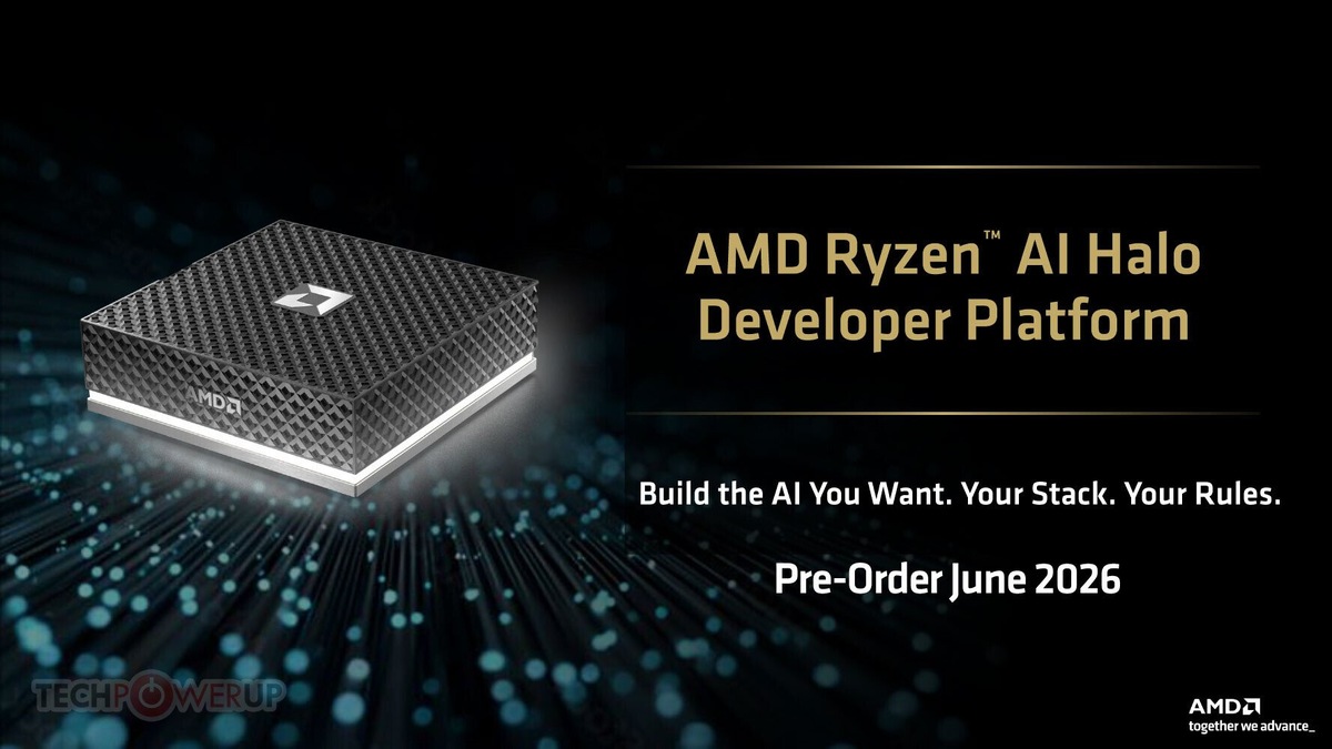    Promotional banner for AMD Ryzen AI Halo Developer Platform with a textured black device on the left and bold gold text announcing pre-order for June 2026 on the right.