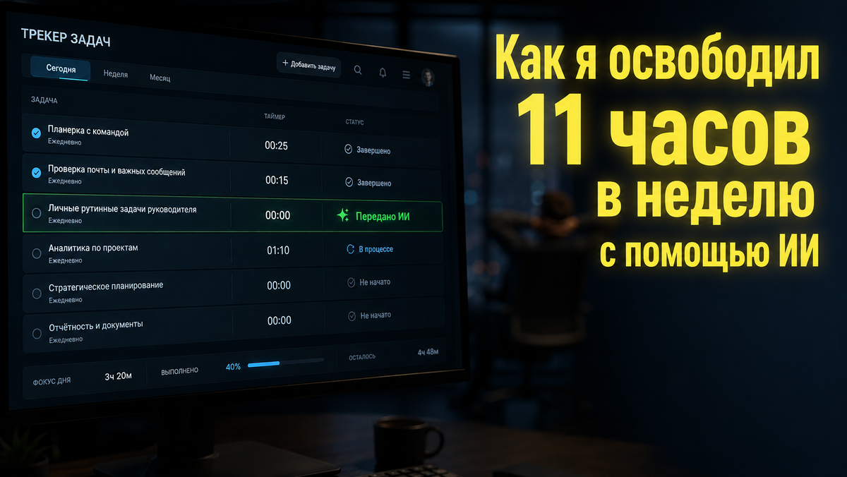 Экран монитора с интерфейсом трекера задач руководителя, где рутинные процессы остановлены и переданы ИИ.