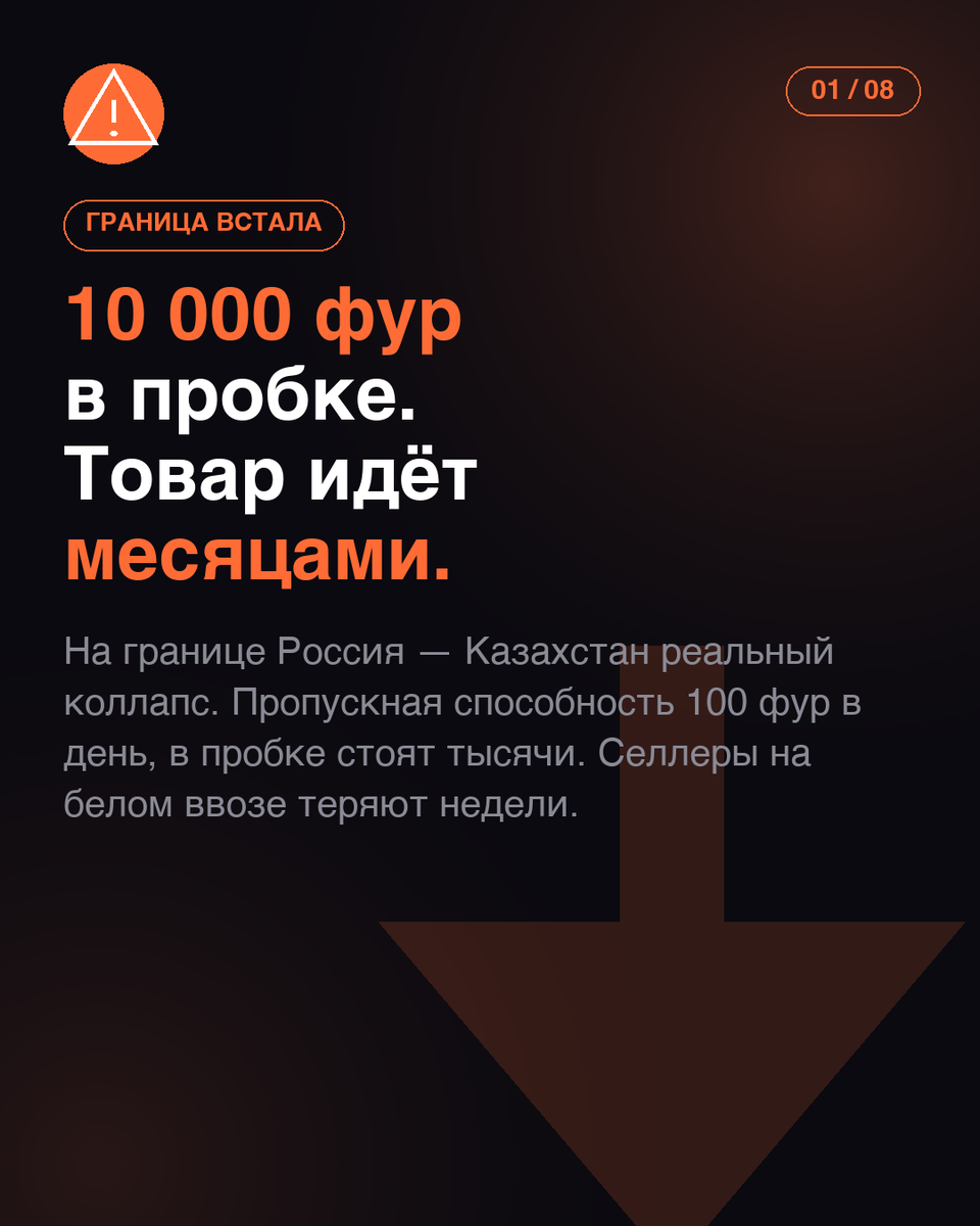 Граница России и Казахстана — в физическом коллапсе. Пропускная способность 100 фур в день, в очереди стоят до 10 000. Серый импорт через Казахстан остановлен с октября 2025. Селлеры массово переходят на белый ввоз — а это +20-40% к закупочной себестоимости. Разбираем что происходит и как пересчитать юнитку.
