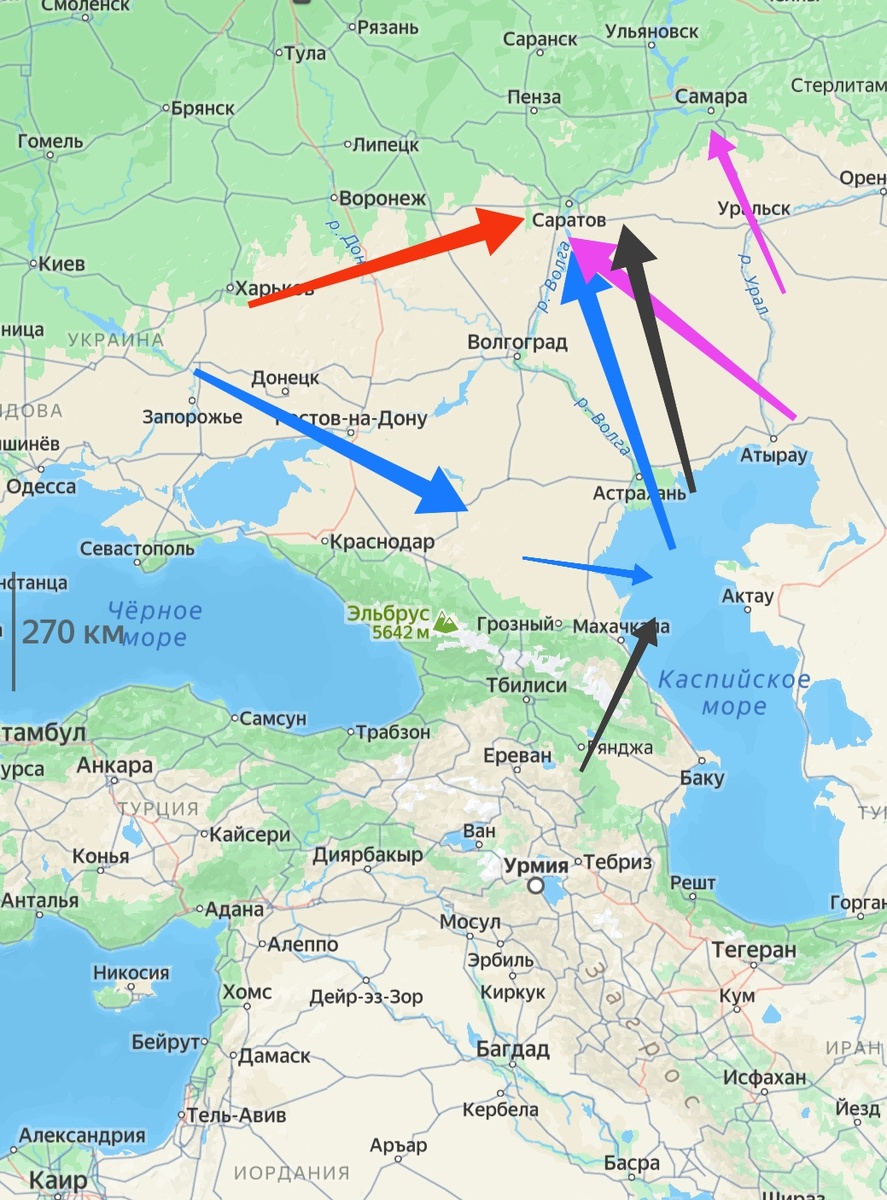 Красным указал короткий путь из Украины до Саратова. Синим вариант который описывают интернет ресурсы. Черным возможные точки пуска с территории Азербайджана. Розовым, маршруты возможных пусков с территории Казахстана. Сами оцените возможности для ударов.