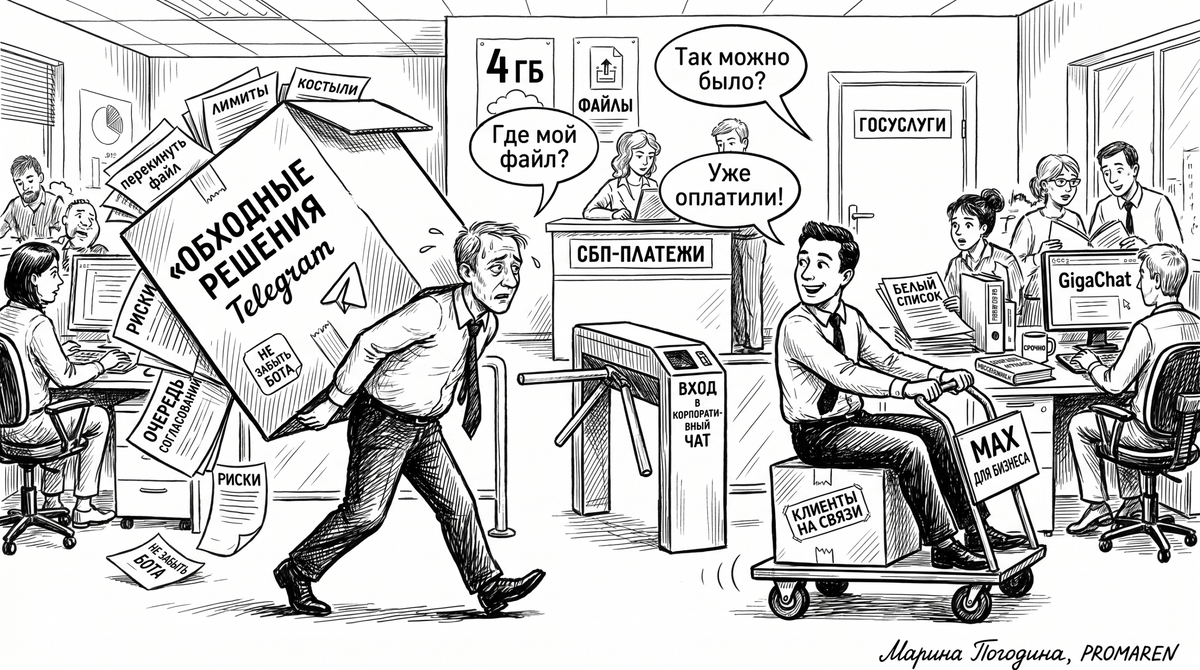    Карикатура про max vs telegram: где бизнесу легче работать без костылей | Марина Погодина, PROMAREN