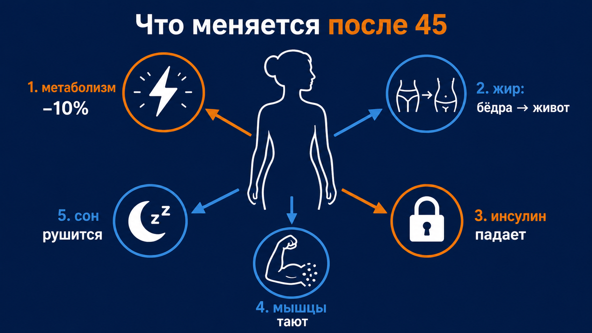 Пять параллельных механизмов после 45 — каждый по отдельности можно компенсировать, в сумме они дают тот самый «менопаузальный живот»