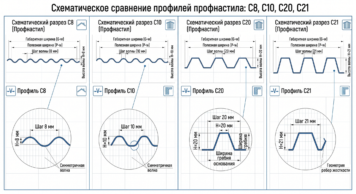 Схематичное изображение профнастила С8, С10,С20,С21 и их разница