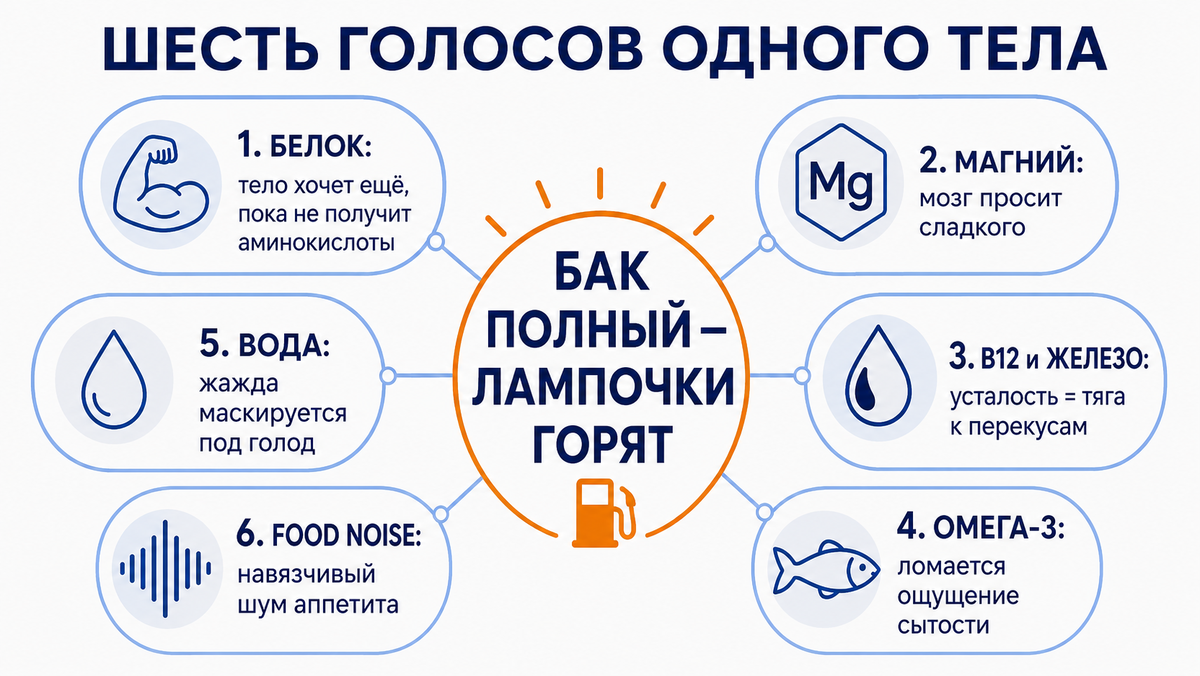 Шесть разных «голосов» скрытого голода — и ни один из них не утихнет от лишней порции углеводов. Каждый требует своего