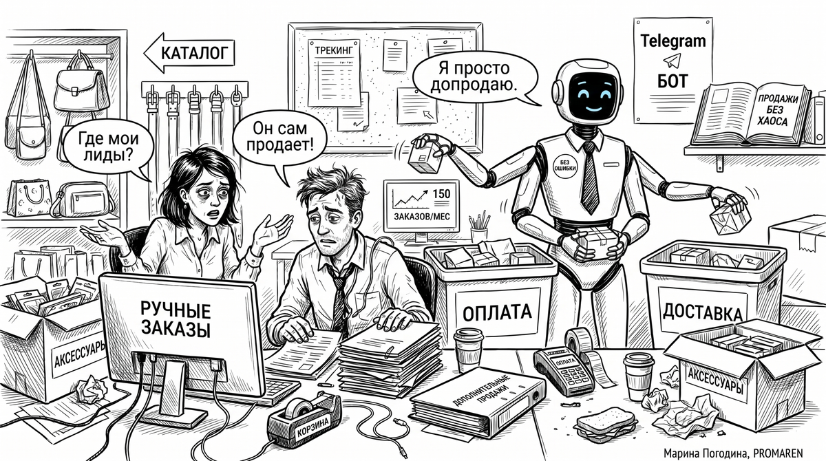    Карикатура про бот-продавец в телеграм и ручной хаос в заказах | Марина Погодина, PROMAREN
