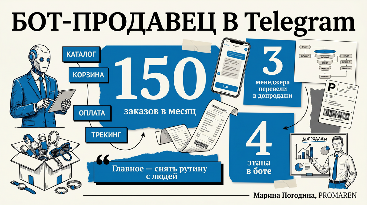    Инфографика: бот-продавец в телеграм даёт 150 заказов в месяц | Марина Погодина, PROMAREN