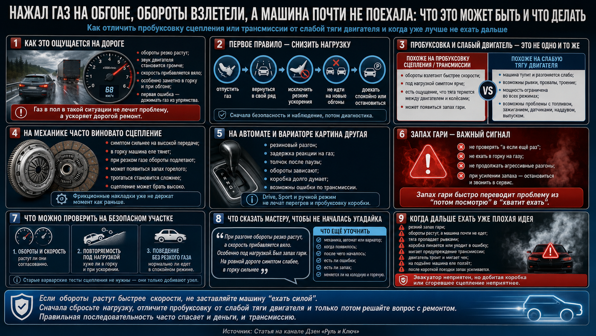 Нажал газ на обгоне, обороты взлетели, а машина почти не поехала вперёд: что обычно виновато