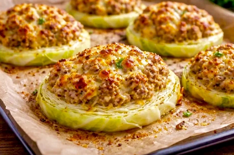 Стейк из капусты с индейкой и сырным соусом.
