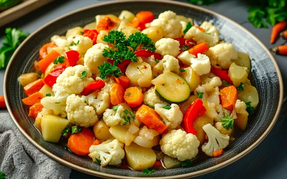 Рагу с цветной капустой, овощами и жареным сыром.