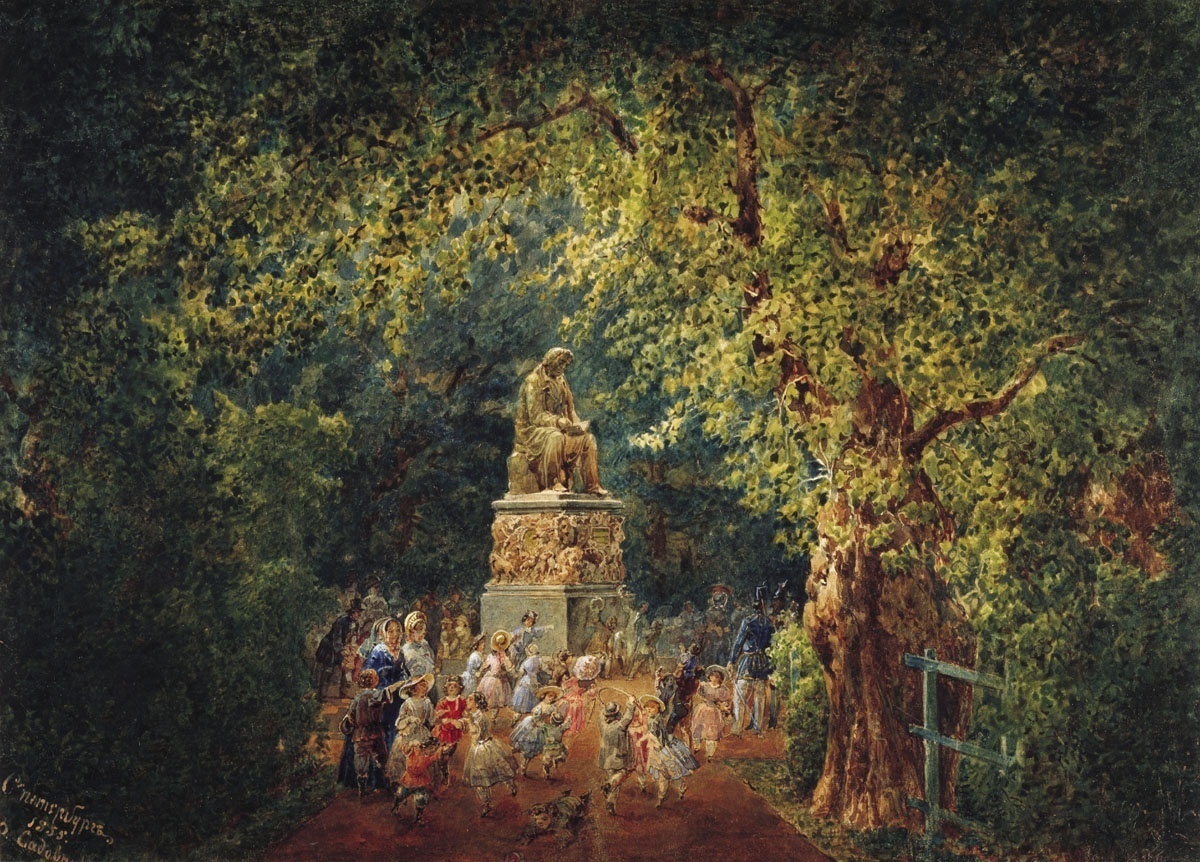 Памятник И.А. Крылову в Летнем саду, 1855, Русский музей. Летний сад был любимым местом прогулок петербуржцев. Здесь часто встречались поэты и писатели, среди них А. С. Пушкин и И. А. Крылов. В 1844 году, когда умер великий русский баснописец, был начат сбор средств на возведение памятника «дедушке Крылову», а в 1848 году ИАХ объявила конкурс на лучший проект памятника. Победителем стал известный скульптор П. К. Клодт. В 1855 году на народные деньги в Летнем саду установили бронзовый памятник И. А. Крылову. Скульптор представил его в задумчивости, сидящим над раскрытой книгой. (Ист.: Ольга Капарулина // Санкт-Петербург: Портрет города и горожан. СПб, 2003).