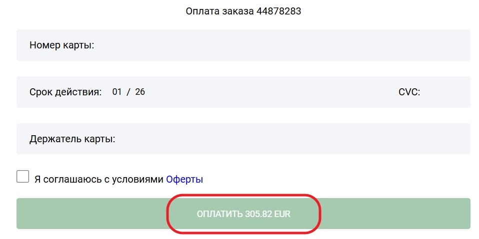 окно оплаты для клиента счета на 20000 рублей после конвертации