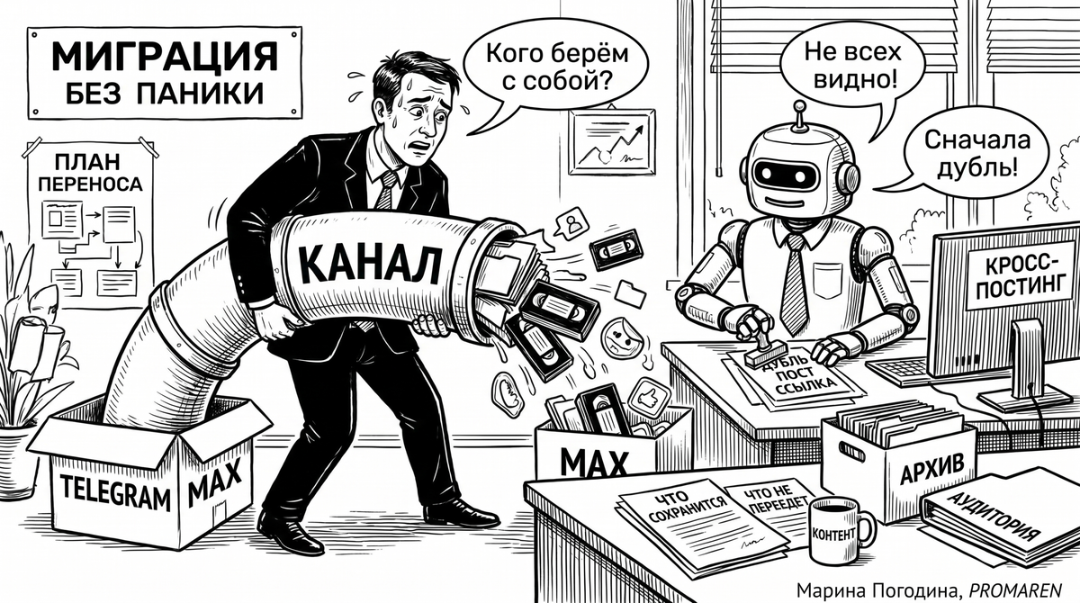    Карикатура про перенос канала в MAX, дублирование и потери аудитории | Марина Погодина, PROMAREN