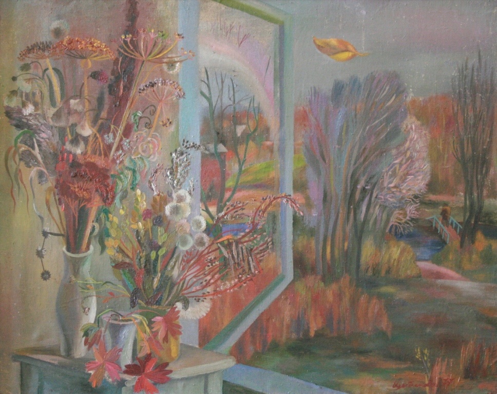 Алла Цыбикова. Цветы, река, осень. 1977. Холст, масло. ЗКХМ
