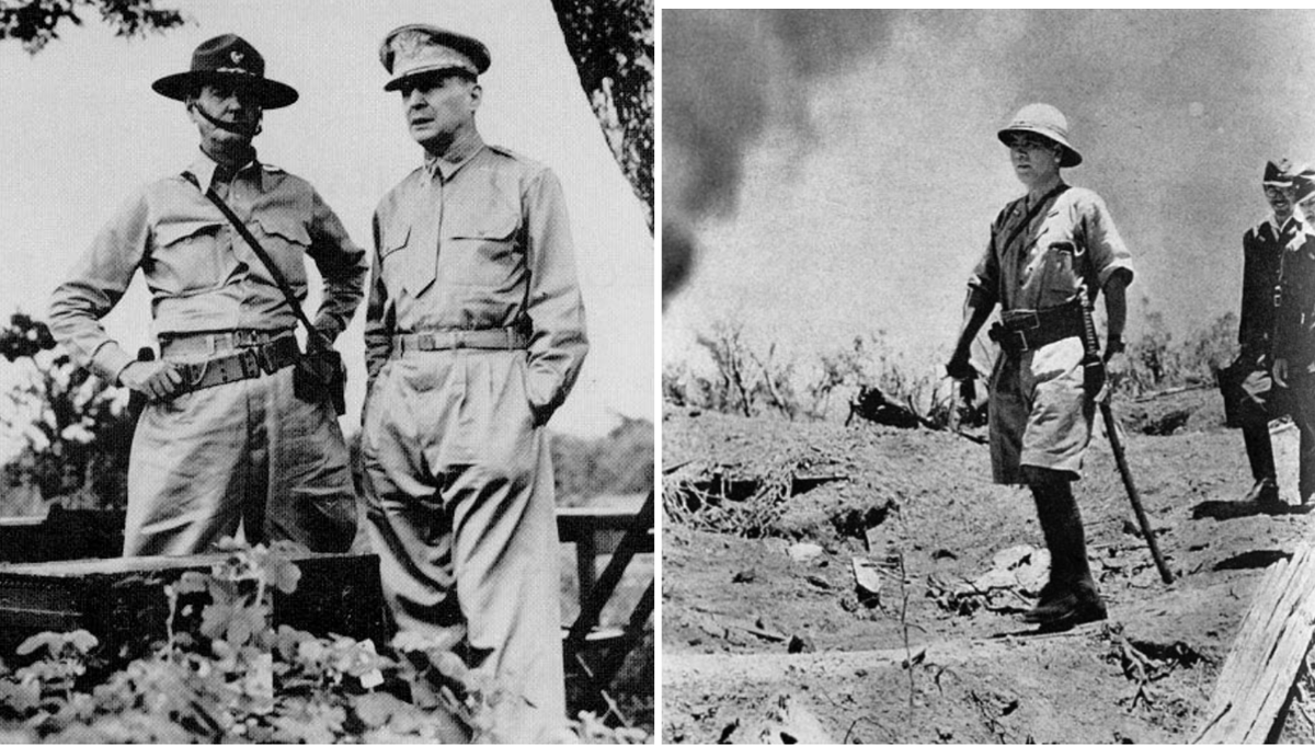 Противники на Филиппинах, 1941-42. Генералы Армии США - пафосный Макартур (в фуражке) и надежный Уэйнрайт против генерала Японской императорской армии Хомы Масахару (заснят на поле боя).
