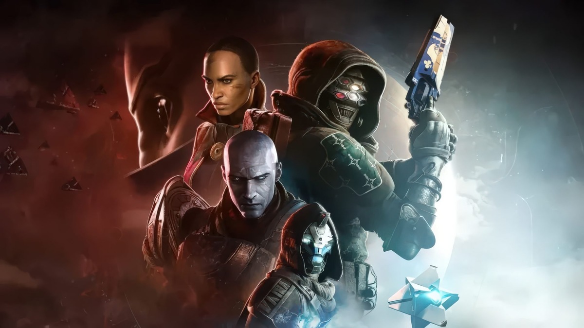    Three futuristic soldiers in armor stand back-to-back, one wielding a glowing gun, amid a red‑blue smoky battlefield backdrop.