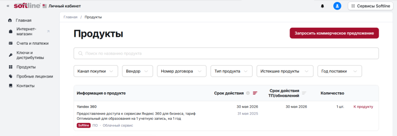 Контроль ИТ-активов компании: раздел «Продукты» в личном кабинете Softline