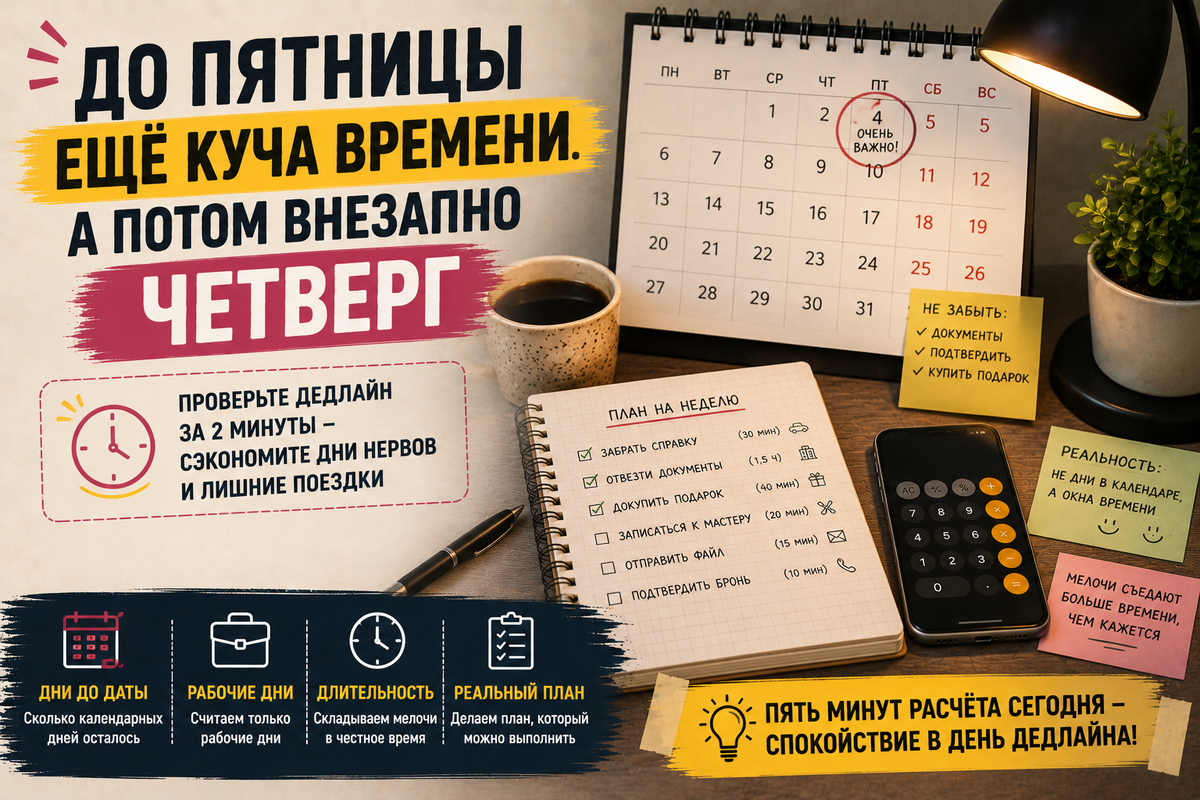 Самая дорогая ошибка в маленьких планах: считать дни в голове и забыть, что выходные, дорога, созвоны и «быстро заехать» тоже едят время. Разбираем, как за две минуты проверить дедлайн без Excel и героизма.