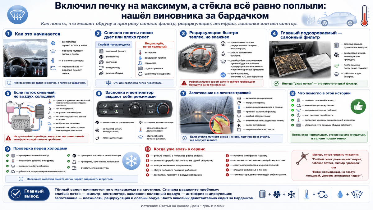 Включил печку на максимум, а стёкла всё равно поплыли: нашёл виновника за бардачком