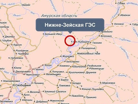 Проектируемая Нижне-Зейская ГЭС на карте