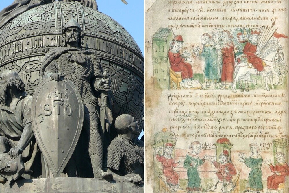    Рюрик на памятнике «Тысячелетие России»; Призвание варягов. Миниатюра из Радзивилловской летописи XV века. Фото: Коллаж АиФ