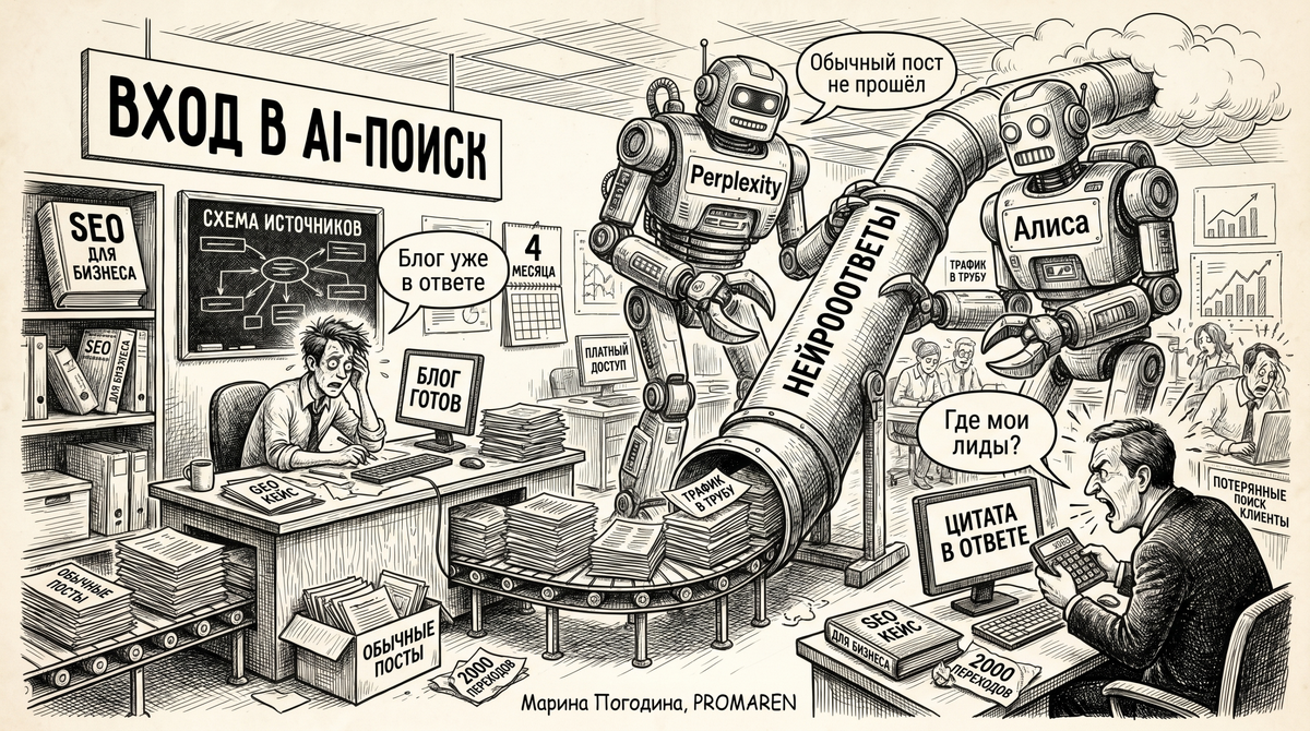    AI-поиск трафик в ироничной карикатуре про блог и нейроответы | Марина Погодина, PROMAREN