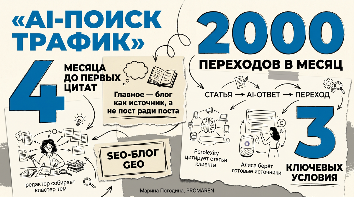    AI-поиск трафик: 4 месяца до цитирования и 2000 переходов в месяц | Марина Погодина, PROMAREN