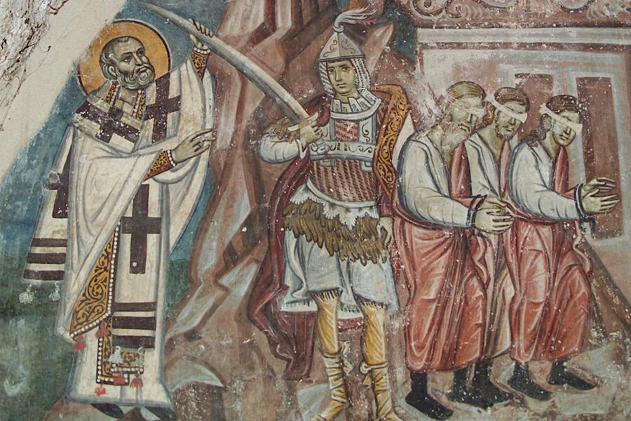 Свт. Николай спасает трех невинно осужденных. Капелла свт. Николая. Балканы, Сербия, Сопочаны, XIII в.