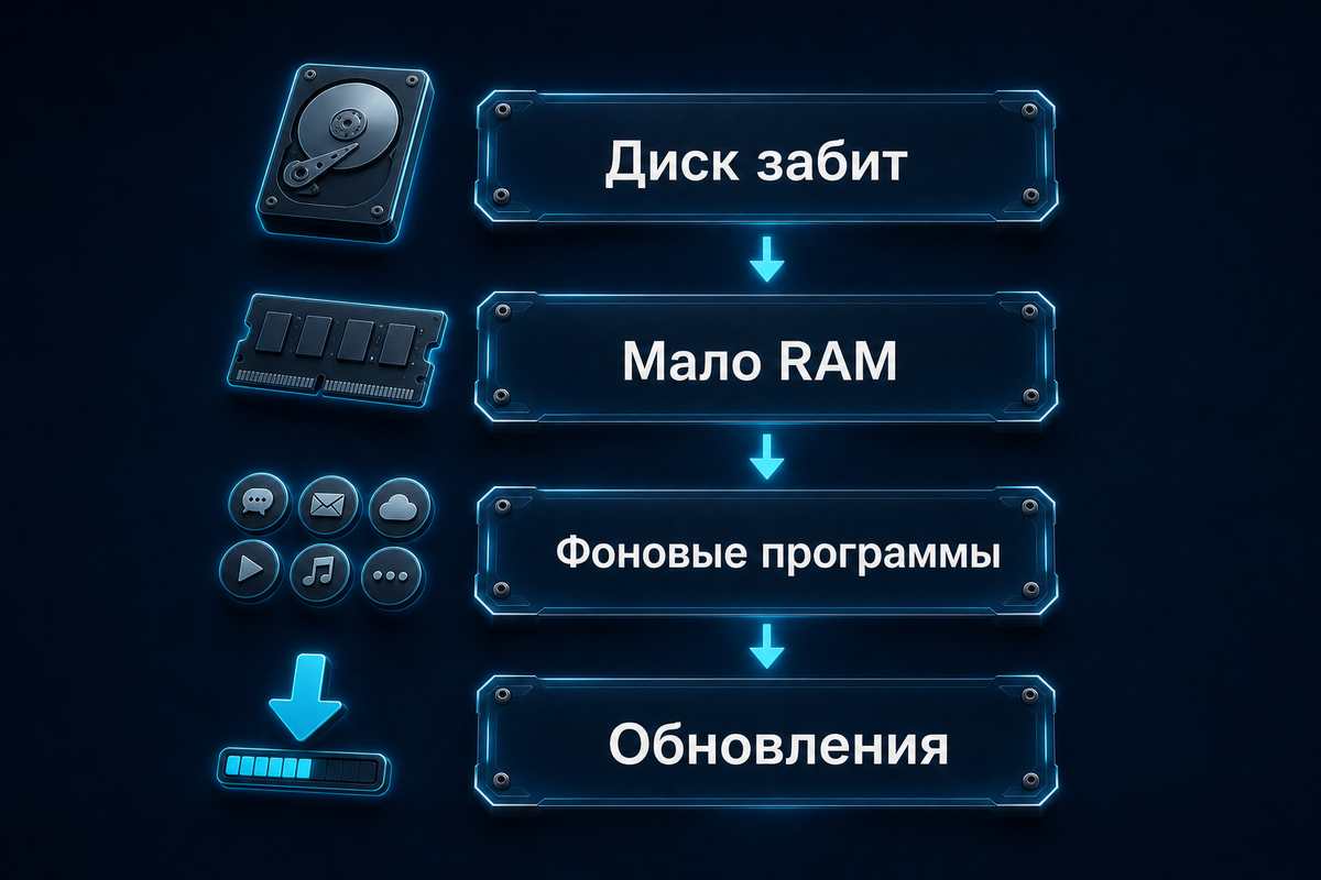 четыре слоя причин: диск, RAM, фоновые программы, обновления