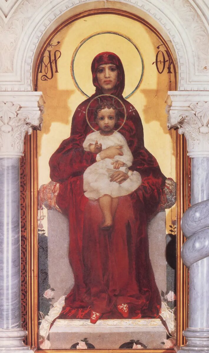 Икона Богоматерь с Младенцем. Михаил Александрович Врубель. 1885 г., 203×87 см. Кирилловская церковь, Киев. Стиль: Модерн, Византийский стиль.Техника: Масло. Материалы: Позолота, Цинковая доска.