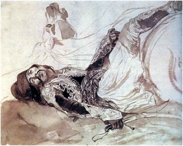 Раненый грек, упавший с лошади. 1835. Бумага, сепия, граф. карандаш. 27,5 x 34,5. ГТГ.