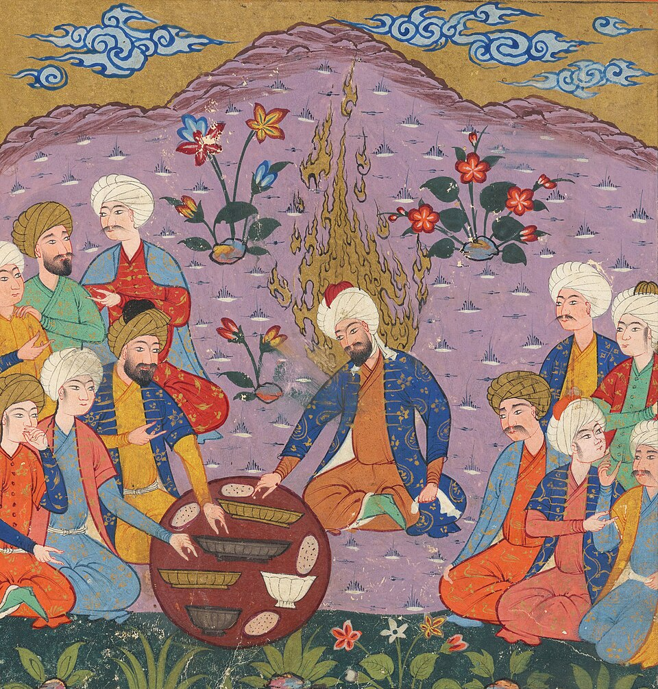 Иса (Иисус) кормит своих учеников пищей с небес. Персидская рукопись, 1580 год.