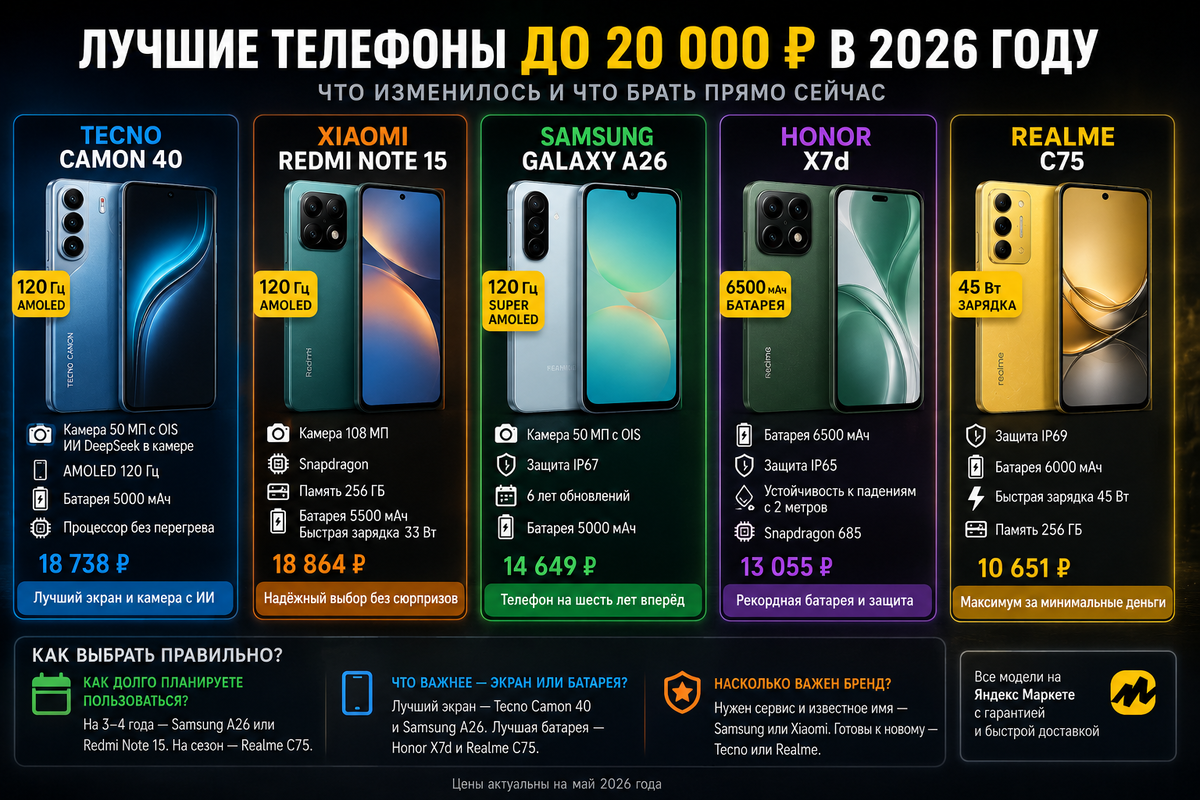 Сравнение лучших телефонов до 20 000 ₽ в 2026 году: AMOLED, батарея 6500 мАч, защита IP67/IP69, камеры с OIS и цены на популярные модели Xiaomi, Samsung, Tecno, Honor и Realme.