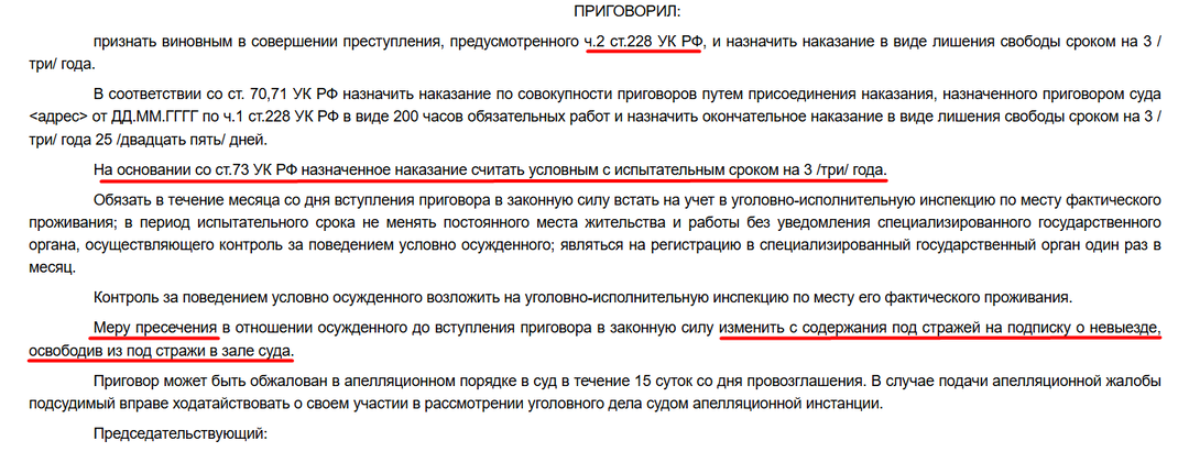 Его освободили прямо в зале суда. Дело по ч. 2 ст. 228 УК РФ — и условный срок
