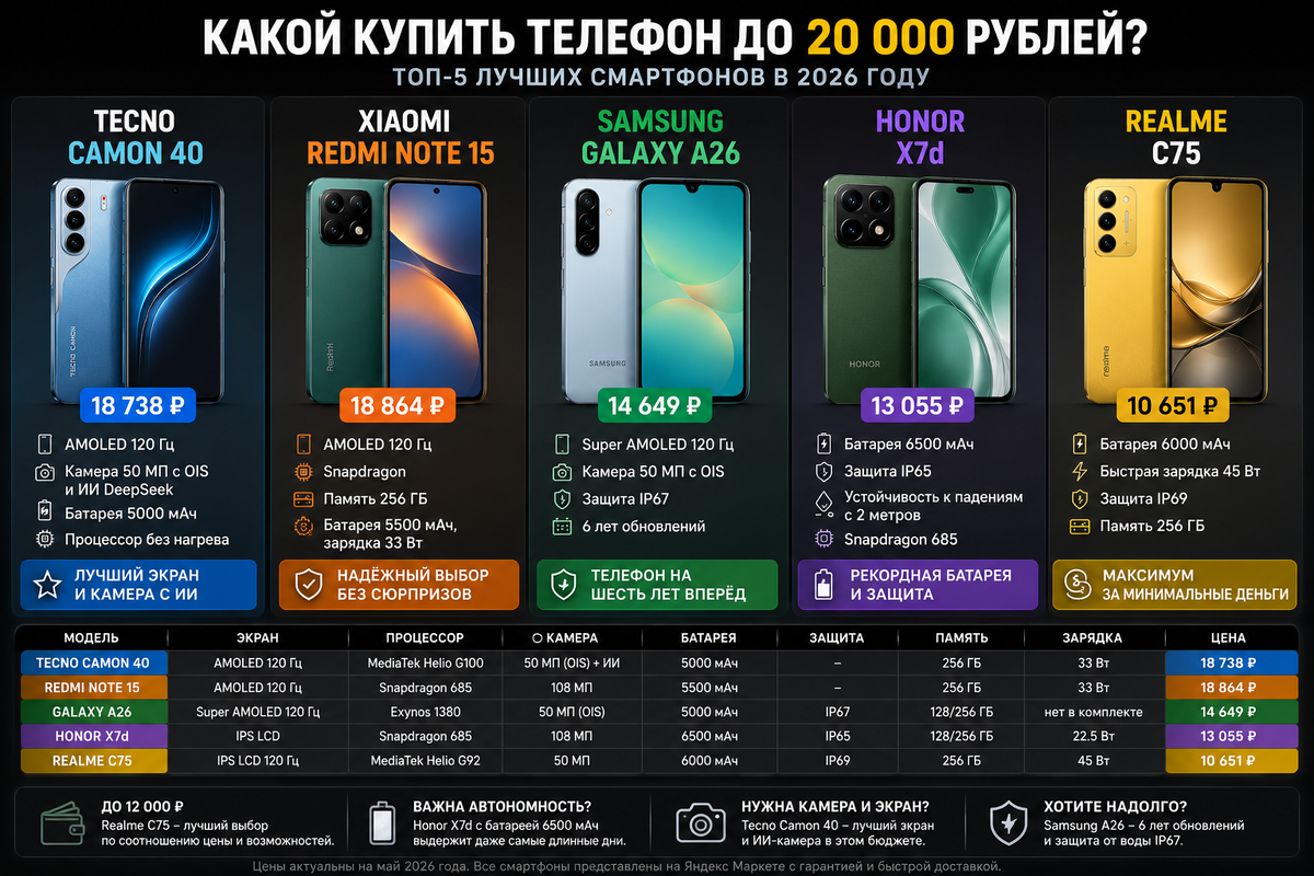 Лучшие смартфоны до 20 000 ₽ в 2026 году: сравнение экранов AMOLED и IPS, батареи 6500 мАч, камер с OIS, защиты IP67/IP69 и цен на Xiaomi, Samsung, Tecno, Honor и Realme.