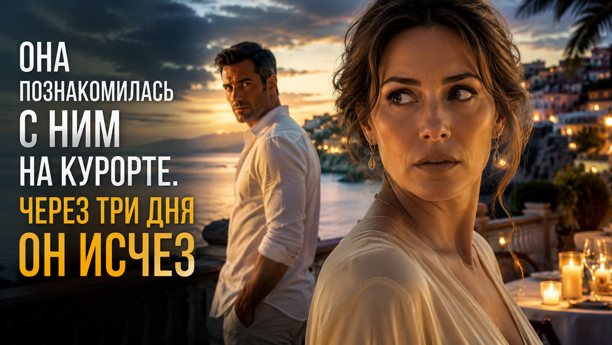 Женщина и мужчина на вечернем курорте у моря. Атмосфера тайны, дорогого отдыха и драматических отношений.