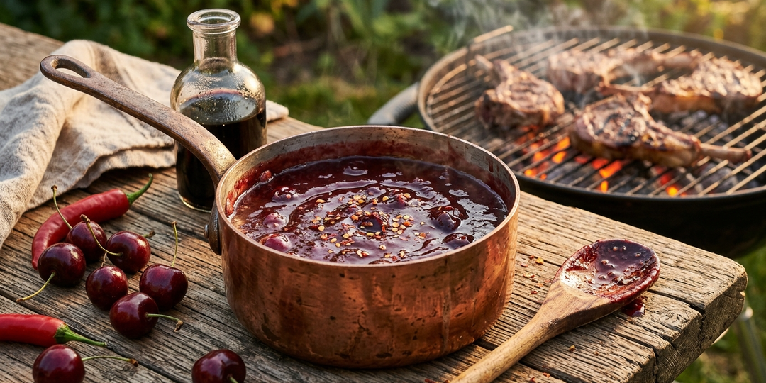 Из первой грунтовой черешни делаю соус к мясу на мангале: увариваю с чили и бальзамиком за 15 минут