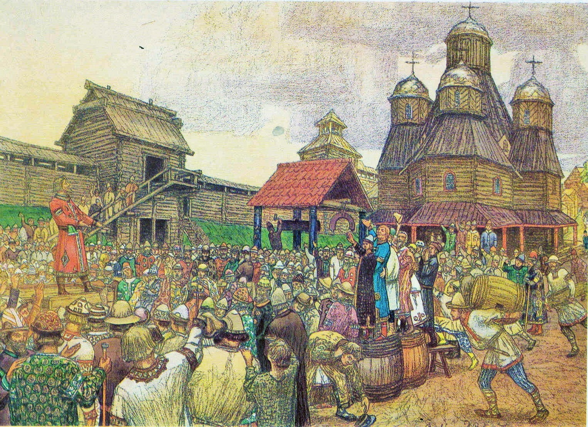 Псковское вече», картина Аполинария Васнецова
 Авторство: Васнецов, Аполлинарий Михайлович. Картины по русской истории, изданные под общей редакцией [и объяснительным текстом] С.А. Князькова: Объясн. текст к картине. № 1- .- Москва : Гроссман и Кнебель , 1908-1913. № 6: А.М. Васнецов. Вече .- 1909 .- 11 с. ., Общественное достояние, https://commons.wikimedia.org/w/index.php?curid=1213707
