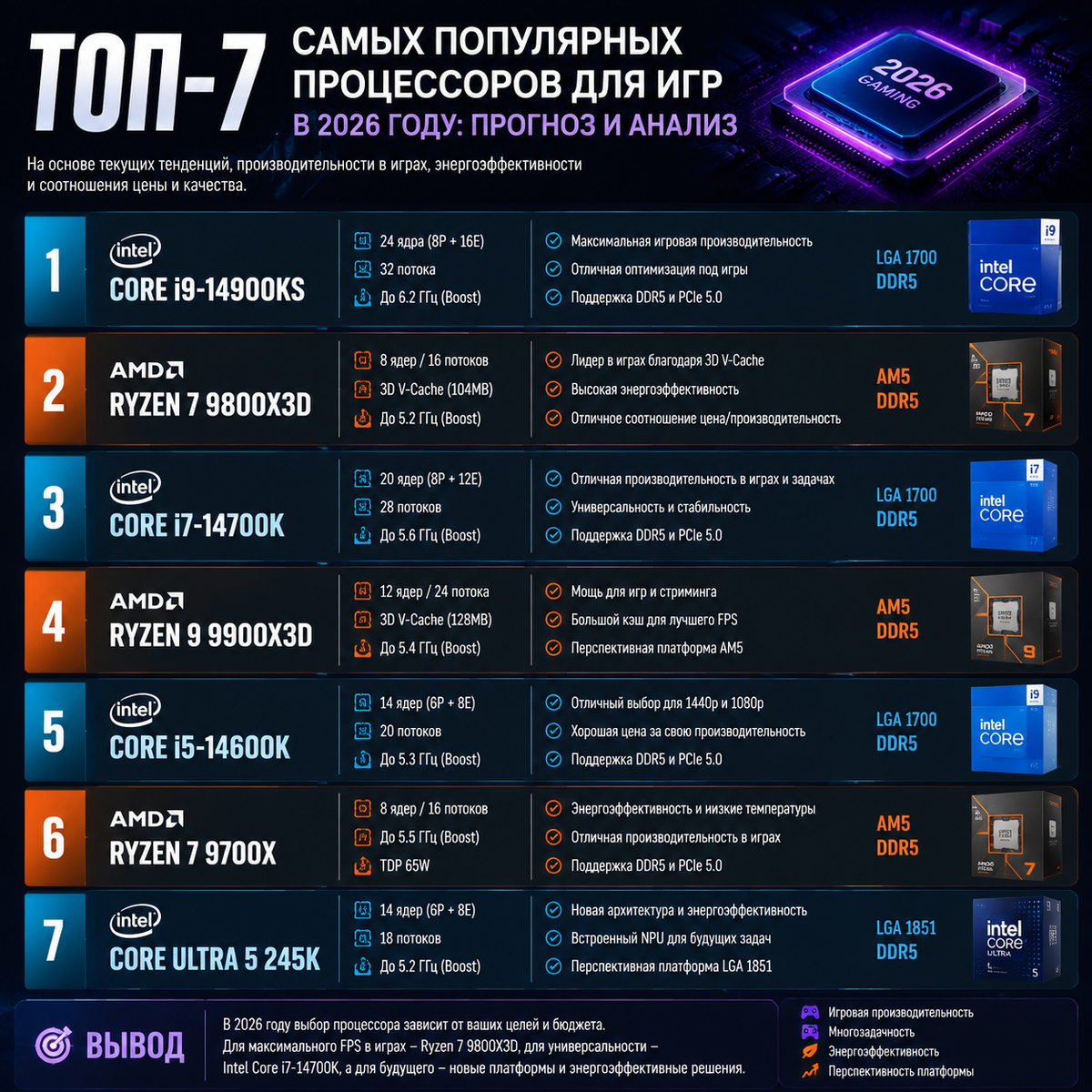 Топ-7 самых популярных процессоров для игр в 2026 году: Прогноз и Анализ.