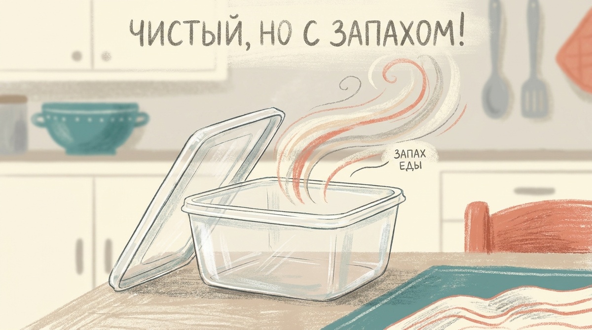 Открытый пластиковый контейнер с крышкой стоит на кухонном столе и выглядит чистым, но от него всё равно тянет запахом еды