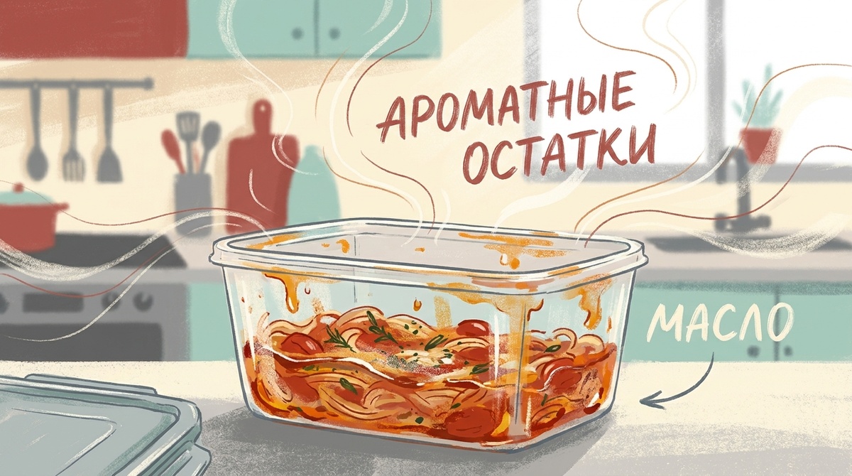 В пластиковом контейнере лежит яркий томатный соус и жирная еда - такие блюда особенно быстро оставляют стойкий запах