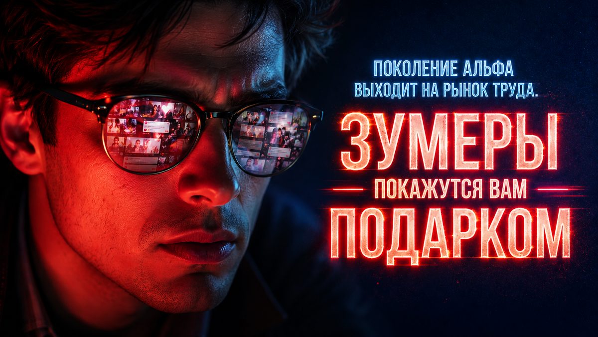 Молодой руководитель в шоке смотрит на экран, где отображаются новые требования поколения Альфа на рынке труда.