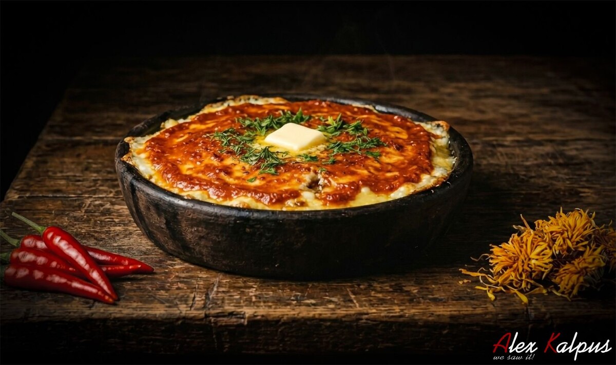 На фото каша гоми с сыром сулгуни и соусом дзирдзи. 