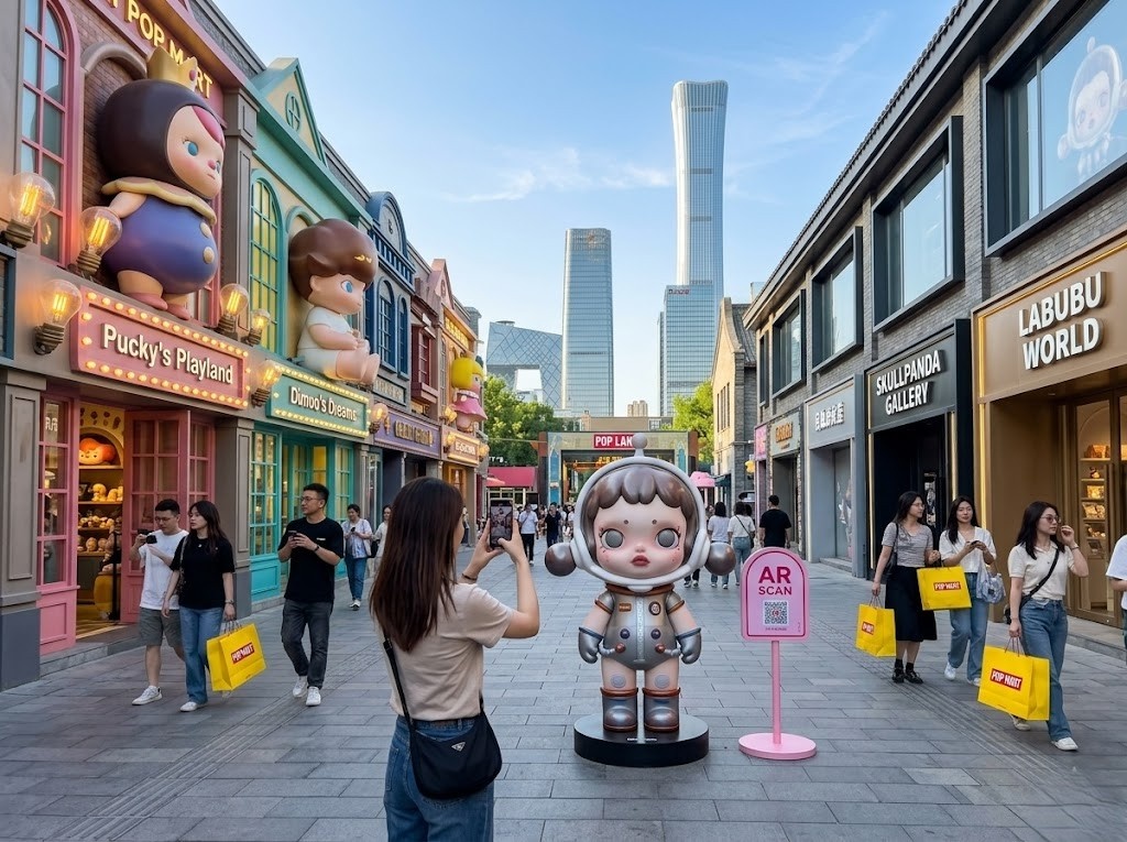 Яркий старт на Bubble Street! 🛍️✨ Главная пешеходная улица парка встречает гостей огромными фигурами Pucky и Dimoo, стильными галереями и интерактивными зонами. Наведите телефон на розовую табличку AR SCAN рядом со статуей Skullpanda, чтобы увидеть, как персонаж буквально оживает на экране вашего смартфона! 📲📸