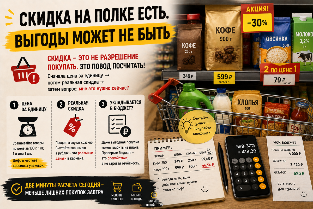У магазинной акции есть любимый трюк: заставить нас считать не деньги, а настроение. Берёшь большую упаковку «по выгоде», а дома понимаешь, что купил не экономию, а лишний пакет в шкафу.