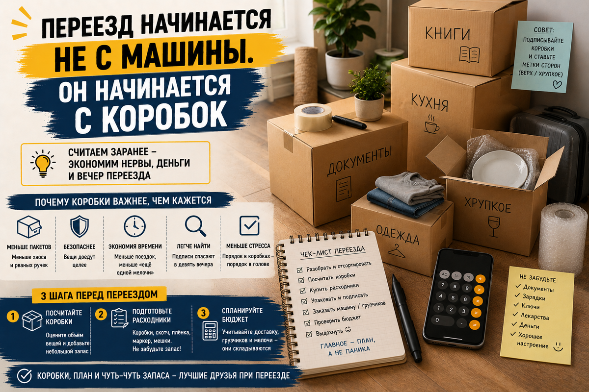 Самая дорогая фраза перед переездом звучит невинно: «Да там вещей немного». Обычно её говорят за день до того, как квартира внезапно превращается в склад пакетов, проводов и одиноких крышек от контейнеров.