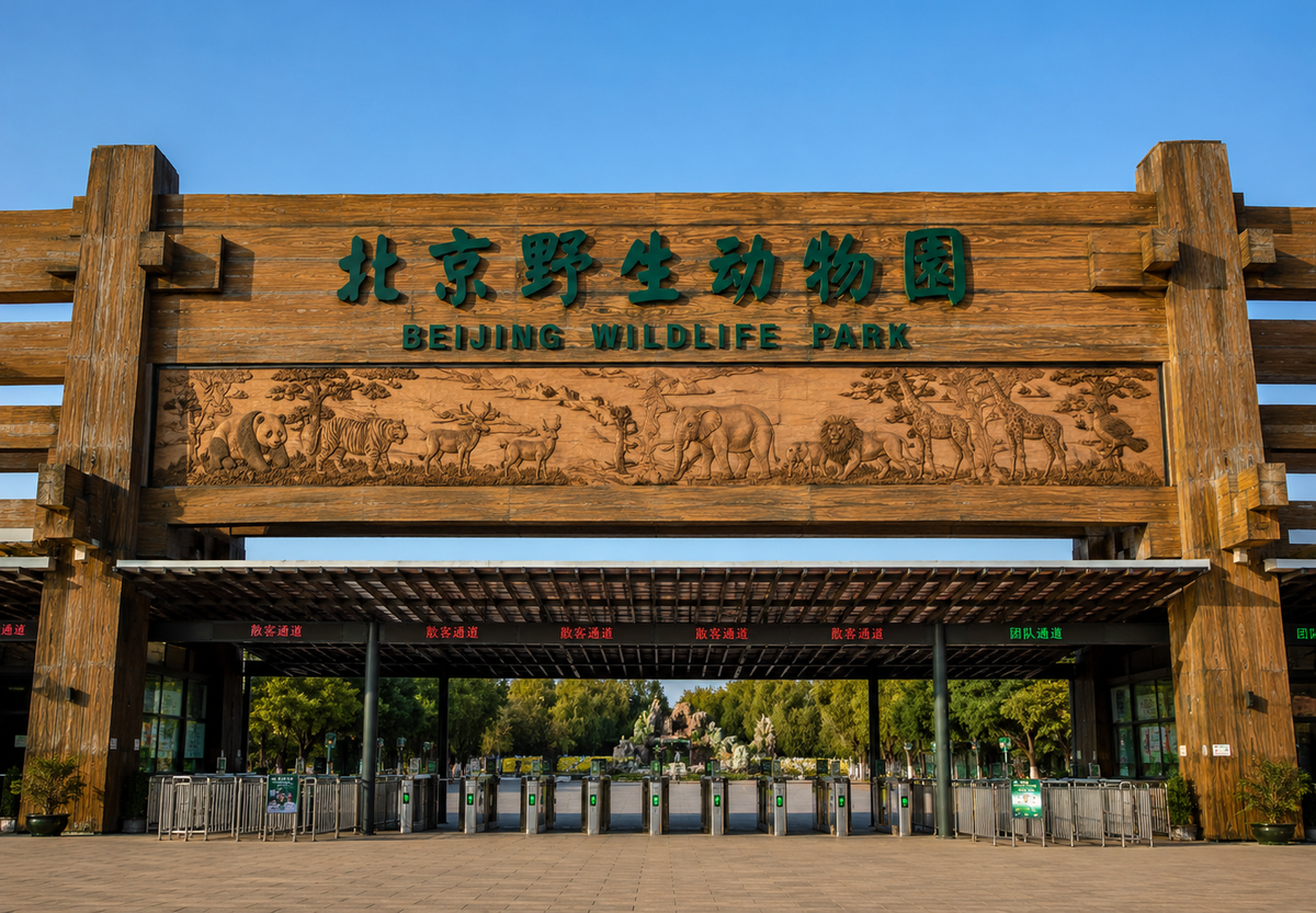 Главный вход и парадные ворота Пекинского парка дикой природы (Beijing Wildlife Park)