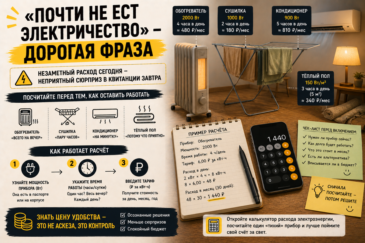 У каждого дома есть прибор, который работает «ну совсем чуть-чуть». Потом приходит квитанция, и это «чуть-чуть» внезапно разговаривает с вами рублями.
