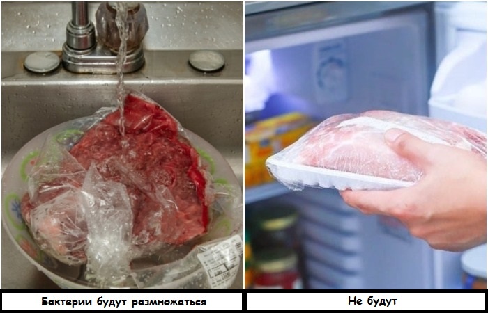 Размораживайте мясо в холодильнике, а не в воде