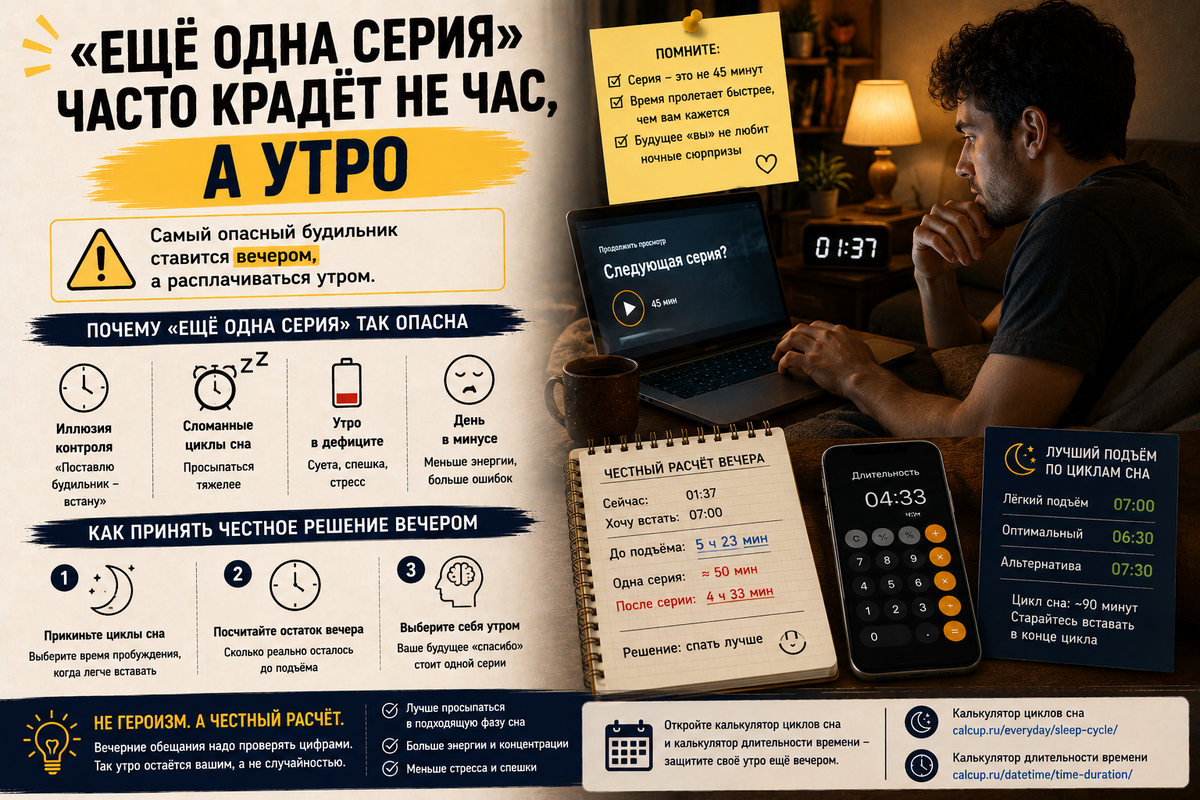 Самый опасный будильник ставится не утром, а вечером. В тот момент, когда вы смотрите на экран и честно врёте себе: «Ну одна серия — и спать».